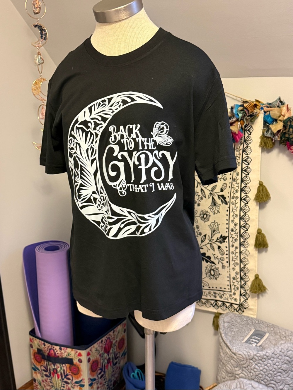 Black Graphic Tee with Crescent Moon "Back to the Gypsy" - Picture 2 of 6